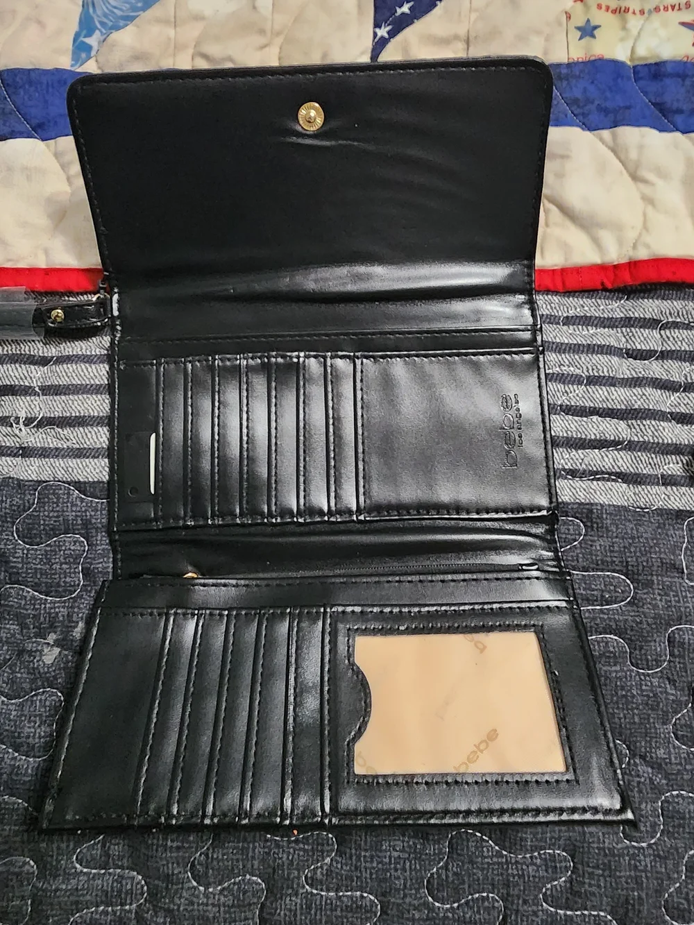 Bebe Black Embossed Leather Wallet with Gold Plate